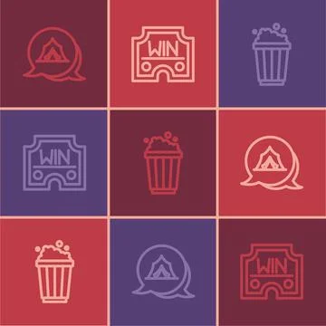 Set line Circus tent, Popcorn in cardboard box and Casino win icon. Vector Illustrazione stock
