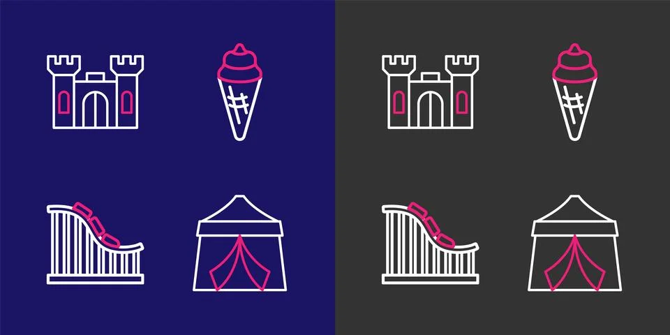 Set line Circus tent, Roller coaster, Ice cream in waffle cone and Castle i.. Stockillustratie