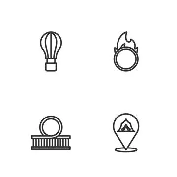 Set line Circus tent, Roller coaster, Hot air balloon and fire hoop icon. V.. Stock Illustration
