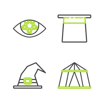 Set line Circus tent, Witch hat, Magician and Pentagram icon. Vector Stock Illustration