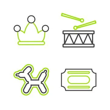 Set line Circus ticket, Balloon dog, Drum with drum sticks and Jester hat bells Illustrazione stock