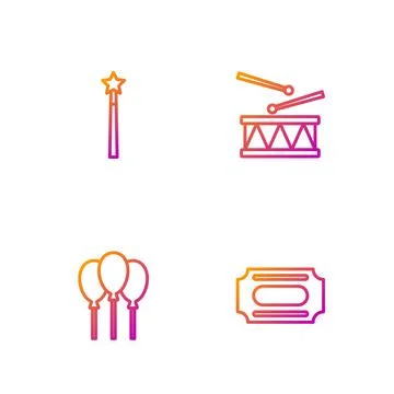 Set line Circus ticket, Balloons with ribbon, Magic wand and Drum drum sticks Illustrazione stock