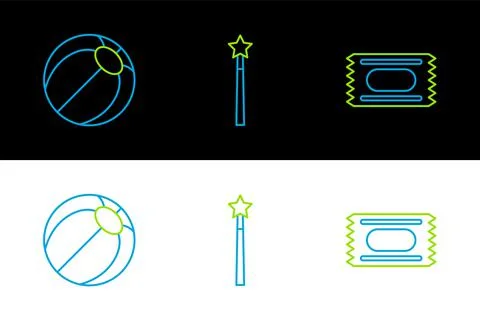 Set line Circus ticket, Beach ball and Magic wand icon. Vector Illustrazione stock