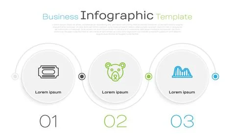 Set line Circus ticket, Bear head and Roller coaster. Business infographic .. Stock Illustration