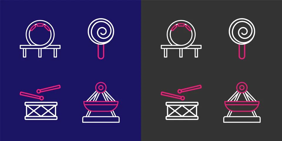 Set line Circus ticket, Drum with drum sticks, Lollipop and Roller coaster .. Stock Illustration