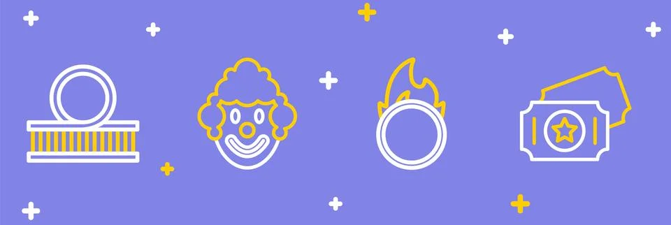 Set line Circus ticket, fire hoop, Clown head and Roller coaster icon. Vector Illustrazione stock