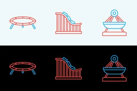 Set line Circus ticket, Jumping trampoline and Roller coaster icon. Vector Stock Illustration