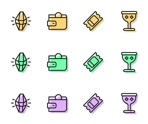 Set line Circus ticket, Magic stone, Wallet and Medieval goblet icon. Vector Stock Illustration
