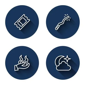 Set line Circus ticket, Magic wand, Hand holding fire and Moon stars with long Ilustração Stock