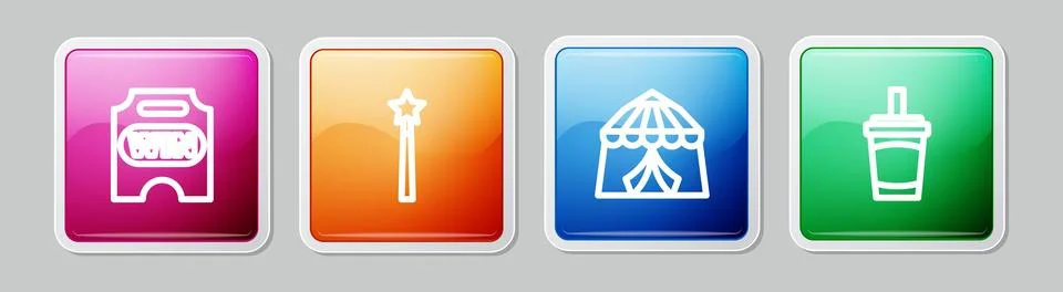 Set line Circus ticket, Magic wand, tent and Paper glass with water. Colorf.. Illustrazione stock