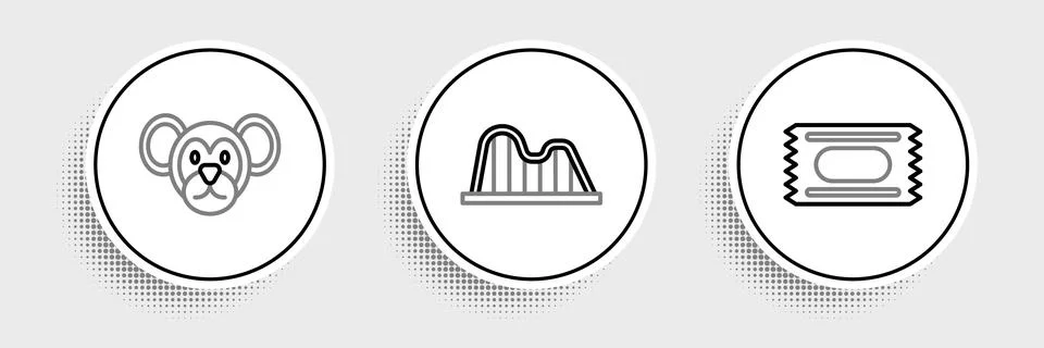 Set line Circus ticket, Monkey and Roller coaster icon. Vector 스톡 일러스트