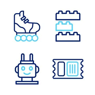 Set line Circus ticket, Robot toy, Toy building block bricks and Roller skate Ilustración de archivo