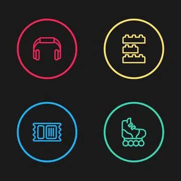 Set line Circus ticket, Roller skate, Toy building block bricks and Headphones Ilustración de archivo