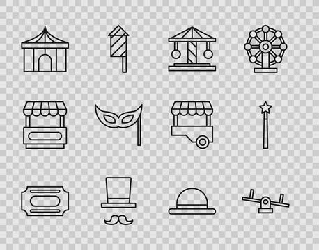 Set line Circus ticket, Seesaw, Attraction carousel, Magician, tent, Festiv.. Stock Illustration