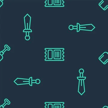 Set line Circus ticket, Sword toy and Shovel on seamless pattern. Vector Stock Illustration