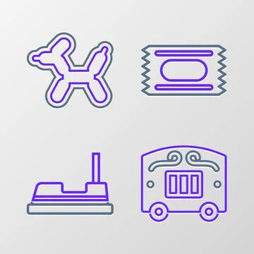 Set line Circus wagon, Bumper car, ticket and Balloon dog icon. Vector Ilustración de archivo