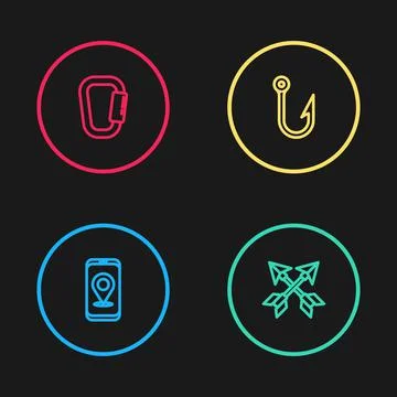 Set line City map navigation, Crossed arrows, Fishing hook and Carabiner icon Stock Illustration