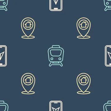 Set line City map navigation, Location with house and Train on seamless pattern Illustrazione stock