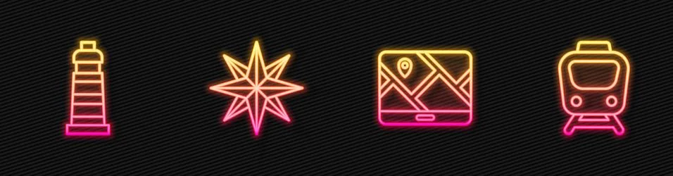 Set line City map navigation, Lighthouse, Wind rose and Train. Glowing neon icon Stock Illustration