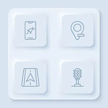Set line City map navigation, Location, and Traffic light. White square button Stock Illustration