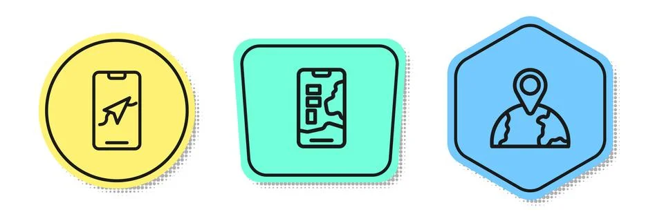 Set line City map navigation, and Location the globe. Colored shapes. Vector 스톡 일러스트
