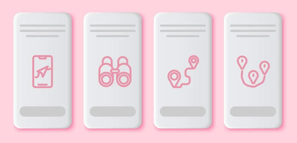 Set line City map navigation, Binoculars, Route location and . White rectangle Stock Illustration