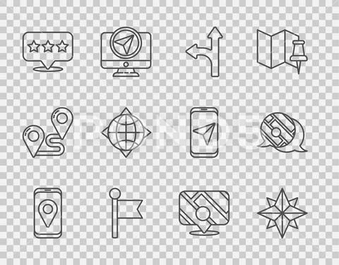 Set line City map navigation, Wind rose, Road traffic sign, Location ...