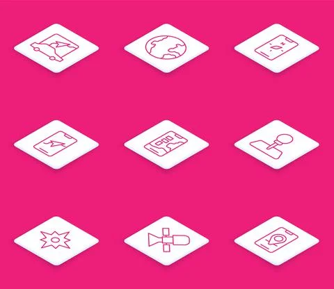 Set line City map navigation, Earth globe, Compass mobile, Push pin, Wind rose Stock Illustration