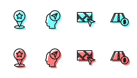 Set line City map navigation, Map pointer with star, Location person and Toll Illustrazione stock