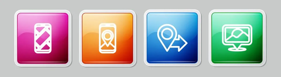 Set line City map navigation, , Location and . Colorful square button. Vector Stock Illustration