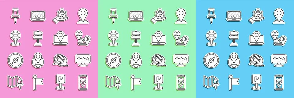 Set line City map navigation, Map pointer with star, Route location, Compass Stock Illustration