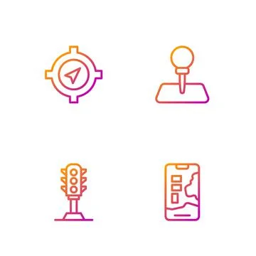 Set line City map navigation, Traffic light, Compass and Push pin. Gradient Ilustração Stock