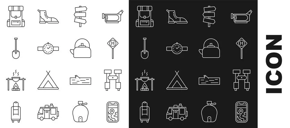 Set line City map navigation, Binoculars, Parking, Road traffic signpost, Wrist Illustration