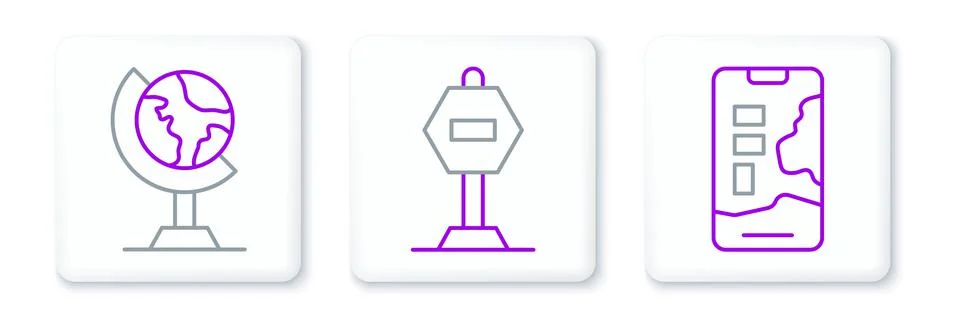 Set line City map navigation, Earth globe and Stop sign icon. Vector Illustrazione stock