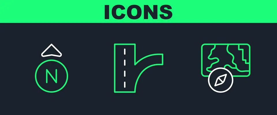 Set line City map navigation, Compass and Road traffic sign icon. Vector Stock Illustration