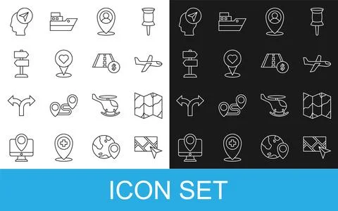 Set line City map navigation, Folded, Plane, Location with person, heart, Road Stock Illustration