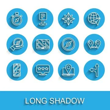 Set line City map navigation, Map pointer with star, Compass, Laptop location Stock Illustration