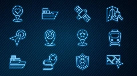 Set line City map navigation, Train, Satellite, Location with person Stock Illustration