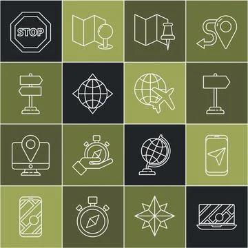 Set line City map navigation, Road traffic sign, Folded with push pin, World Stock Illustration