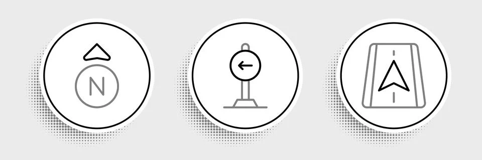 Set line City map navigation, Compass and Traffic sign turn left icon. Vector Stock Illustration