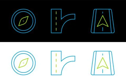 Set line City map navigation, Compass and Road traffic sign icon. Vector Stock Illustration