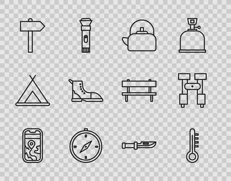 Set line City map navigation Meteorology thermometer Kettle with handle Compa Illustration