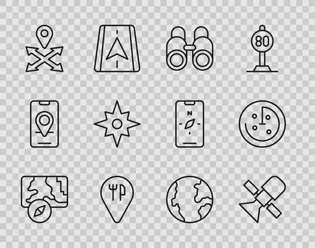 Set line City map navigation Satellite Binoculars Cafe and restaurant locatio Stock Illustration
