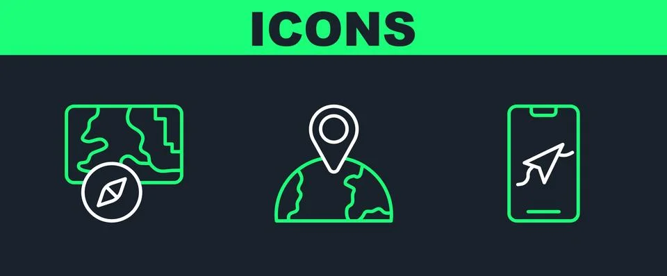Set line City map navigation, and Location the globe icon. Vector Stock Illustration