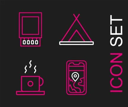 Set line City map navigation, Coffee cup, Tourist tent and Open matchbox an.. Illustrazione stock