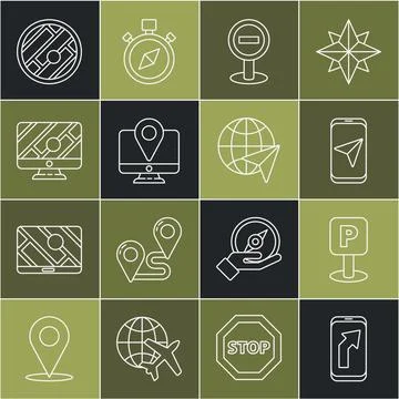 Set line City map navigation, Parking, Stop sign, Monitor with location mar.. Stock Illustration