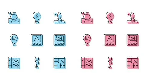 Set line City map navigation, Push pin, Location with mountain, Infographic.. Stock Illustration
