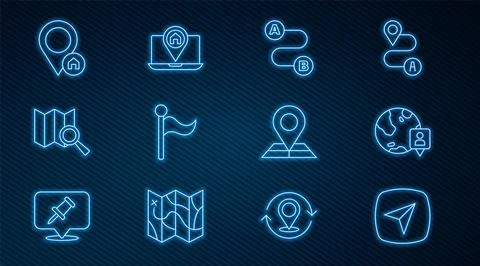 Set line City map navigation, Location the globe, Route location, Flag, Sea.. Stock Illustration