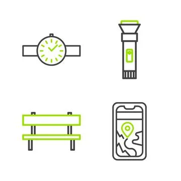 Set line City map navigation, Bench, Flashlight and Wrist watch icon. Vector Ilustración de archivo