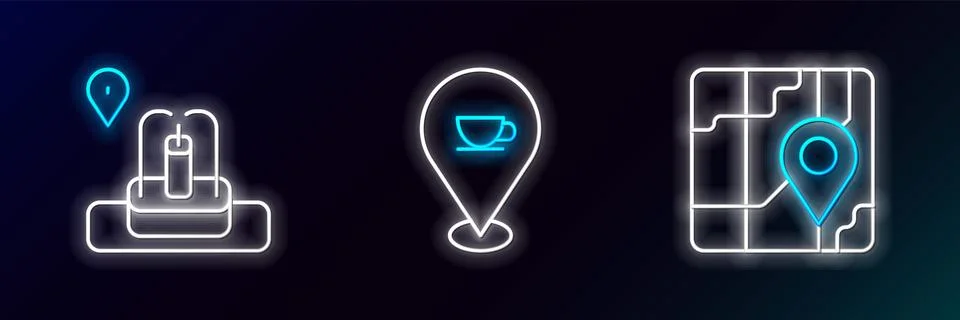 Set line City map navigation, Location with fountain and coffee cup icon. G.. Ilustración de archivo